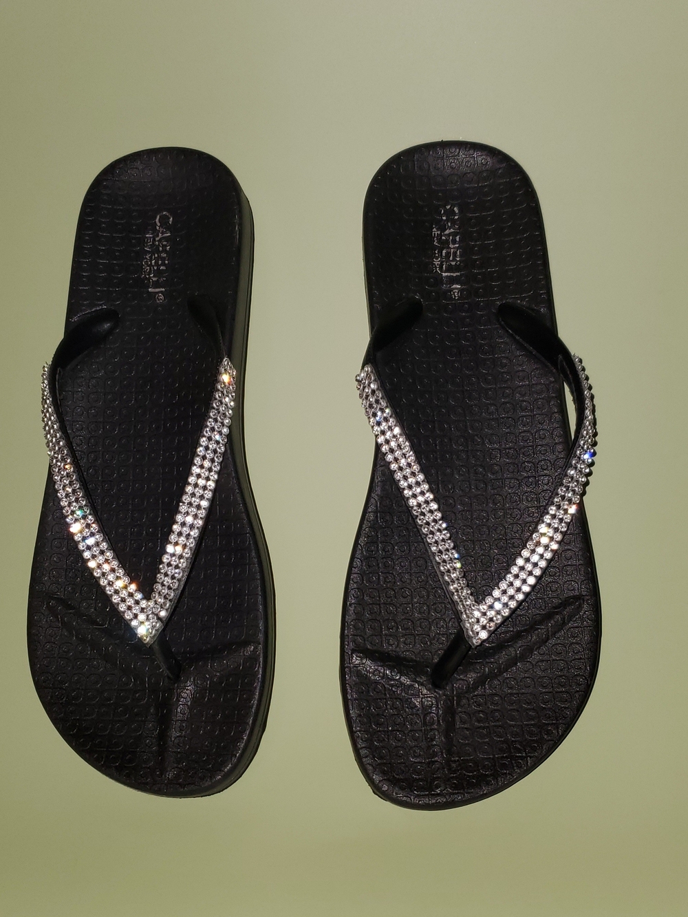 Capelli of New York Black Rhinestone V‑Strap Flip Flops